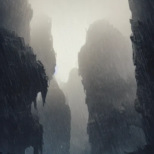 Image similar to a fantasy city built within a vast cave, illustration, raining, dark and moody lighting, digital art, fantasy, 8 k, trending on artstation, detailed