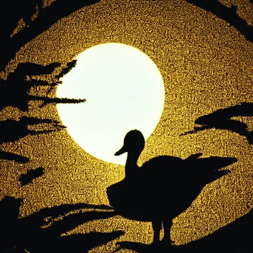 Prompt: Silhouette of a duck on a moonlit sky