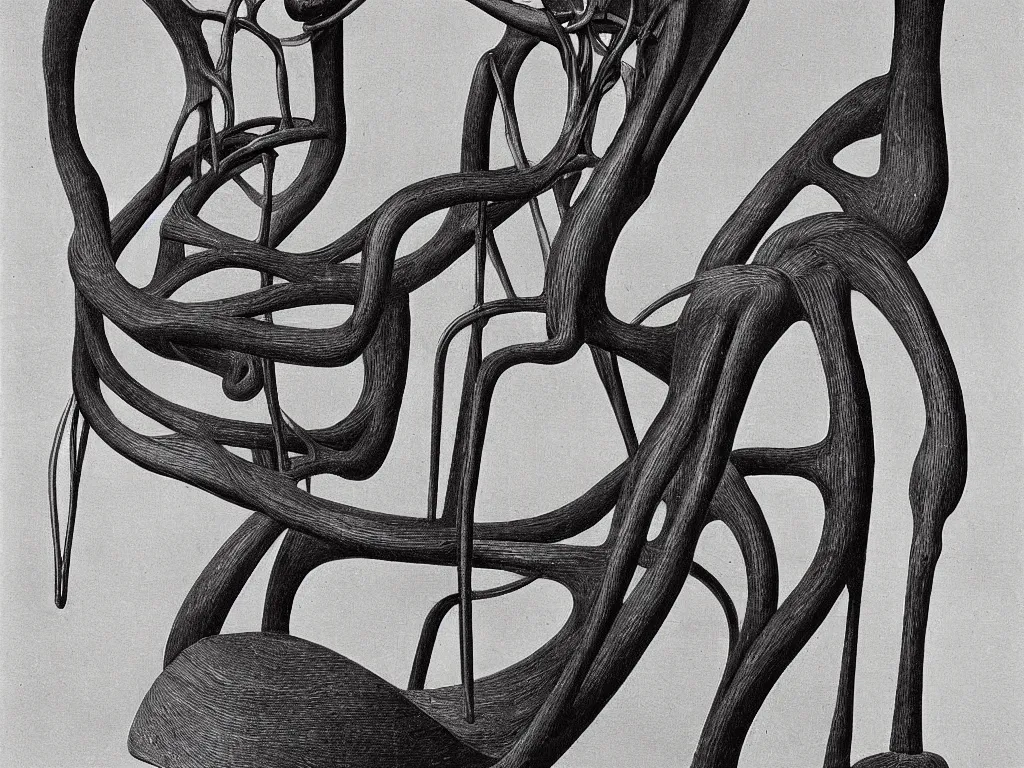 Image similar to gothic chair with human circulatory system, anatomic. painting by karl blossfeldt, salvador dali