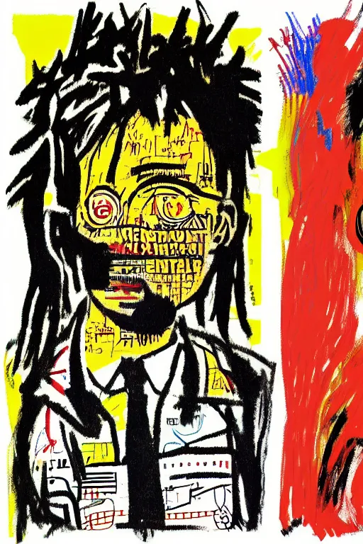 Prompt: cyborg satoshi nakamoto in the style of jean michel basquiat, andy warhol, and pablo picasso