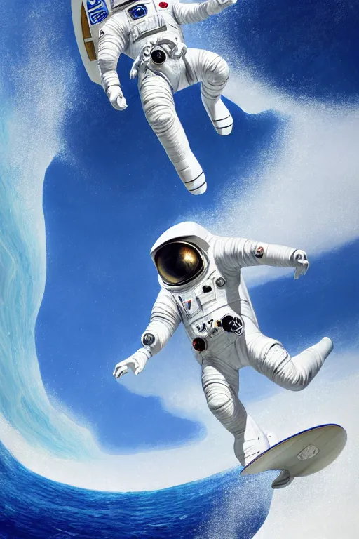 Prompt: a beautiful digital painting of an astronaut in a white and royal blue luxurious space suit surfing the great wave on a mecha surfboard at Pamukkale, thermal waters flowing down white travertine terraces by greg rutkowski, photorealistic, trending on artstation, highly detailed, intricate, unreal engine, octane render