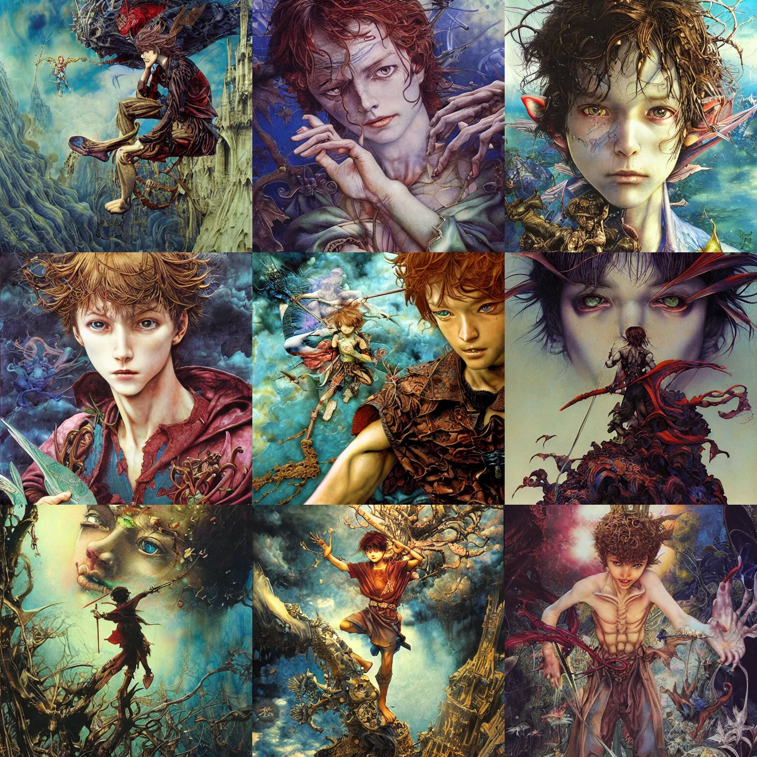 Prompt: realistic detailed image of Peter Pan by Ayami Kojima, Amano, Karol Bak, Greg Hildebrandt, and Mark Brooks, Neo-Gothic, gothic, rich deep colors. Beksinski painting, part by Adrian Ghenie and Gerhard Richter. art by Takato Yamamoto. masterpiece