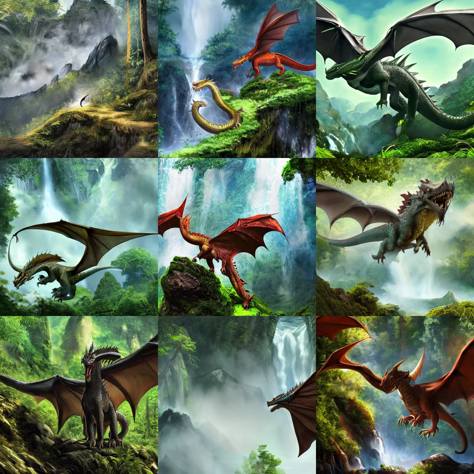 Prompt: ferocious dragon soaring through a beautiful cliffside forest, waterfall, epic, 4k, concept art