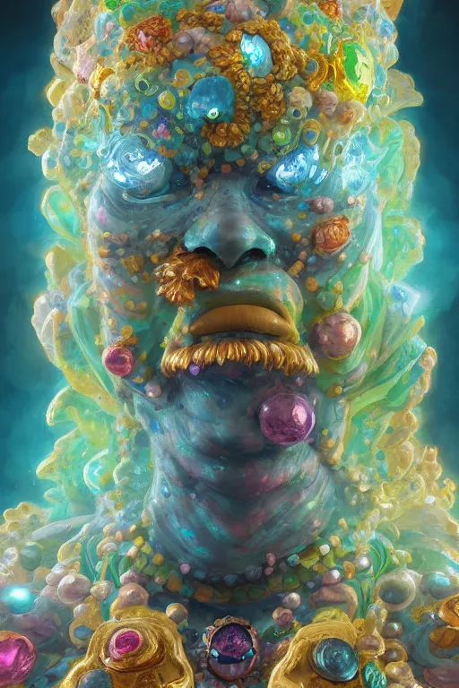 Prompt: maximalist detailed gemstone golem portrait by adoryanti, holosomnia, electrixbunny, rendered in discodiffusion. ornated and decorated with pearls and gems, behance hd by jesper ejsing, by rhads, makoto shinkai and lois van baarle, ilya kuvshinov, ray tracing hdr radiating a glowing aura