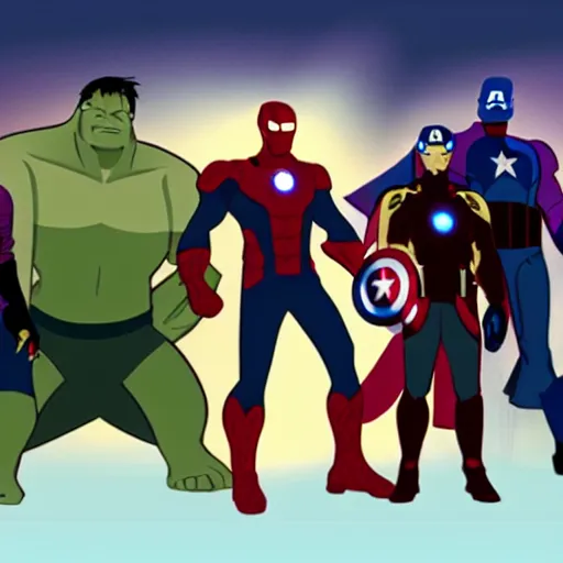 Image similar to avengers calarts style, backlit, harsh overhead sunlight,