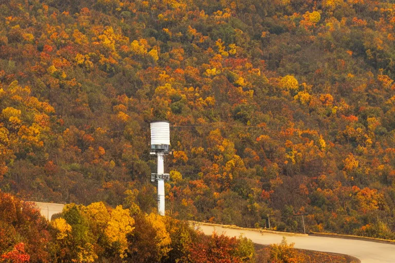 Prompt: a road next to warehouses, and a autumn hill background with a radio tower on top, 3 0 0 mm telephoto lens