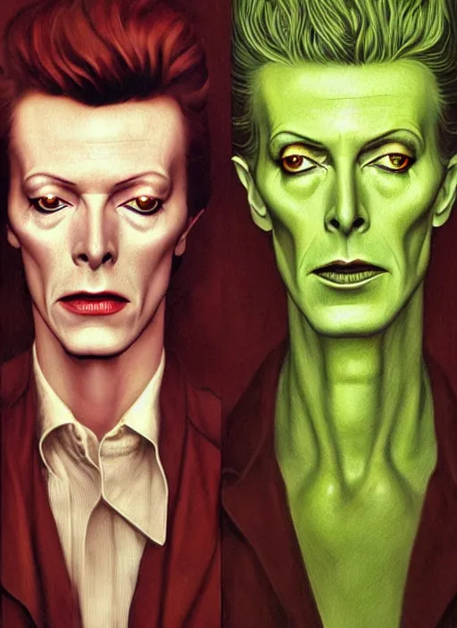 Image similar to twin peaks poster art, portrait of david bowie meets the tall green giant, by michael whelan, rossetti bouguereau, artgerm, retro, nostalgic, old fashioned