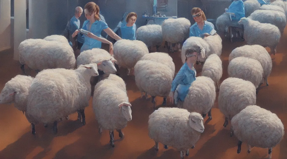 Image similar to do the androids dreams with electric sheeps, Philip K. D. ,oil painting, illustration style