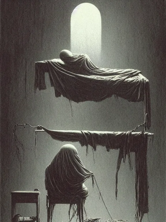 Image similar to a ghost ironing on an ironing board, art by beksinski, bernie wrightson, trending on artstation, optical illusion, horror film, creepypasta