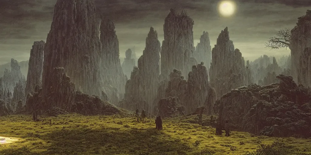 Image similar to background environment without main subject to focus on, no people nor person, volumetric light from nearby sources, style by caspar david friedrich and wayne barlowe and ted nasmith.