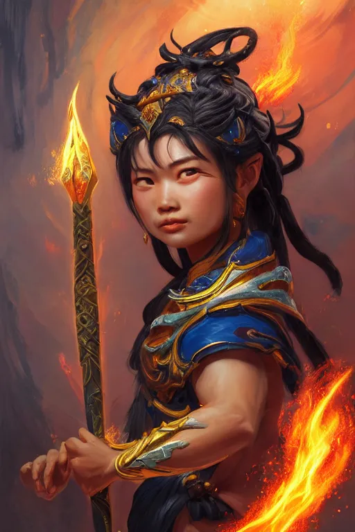 Image similar to a masterpiece portrait of nezha, legendary god holding spear, man, flame everywhere, epic pose, fantasy character portrait, closeup shot, hyper detailed, digital painting, 8 k realistic, trending on artstation, sharp focus, dof, by fenghua zhong, artgerm, ne zha from smite, jeff easley, raymond swanland