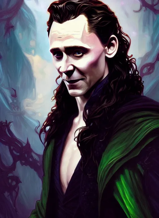 Image similar to portrait of tom hiddleston as a sultry vampire lord, loki, jewelry, greek, emerald, intricate, headshot, highly detailed, digital painting, artstation, concept art, sharp focus, cinematic lighting, illustration, art by artgerm and greg rutkowski, alphonse mucha, cgsociety