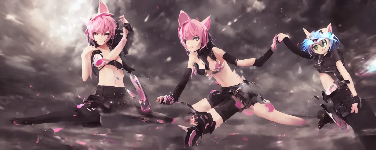 Image similar to concept art of an anime girl with cat ears and cyberpunk arm smashing the ground, WLOP, deviantart, 8k UHD