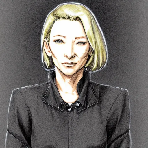 Image similar to An anime full body drawing of cate blanchett ,by Katsuhiro Otomo