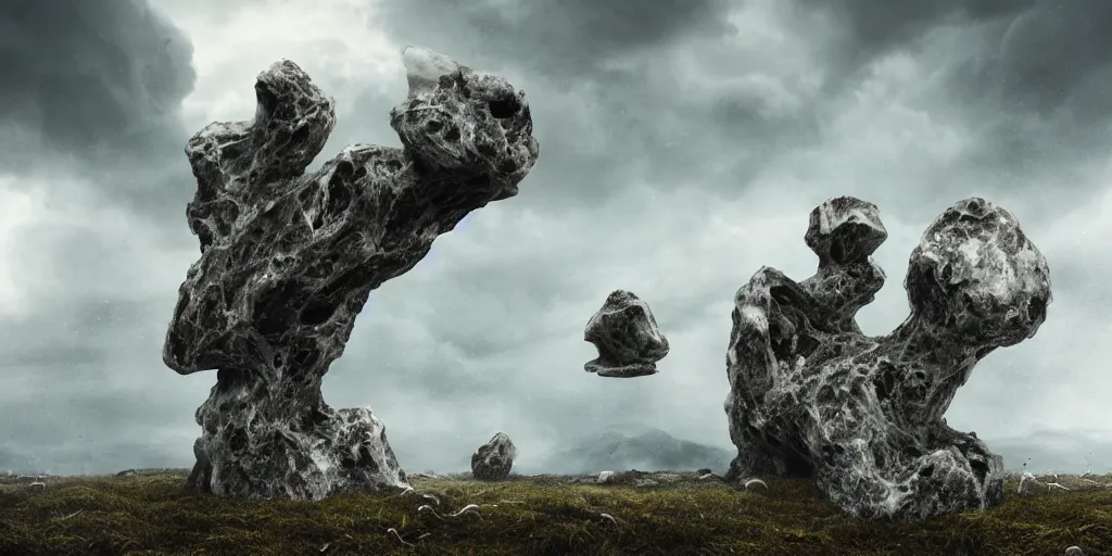 Prompt: photorealistic strange sculpture made of white bird skulls, in an epic landscape, with ominous storm clouds, strange levitating stones, stones falling from the sky, a gentle rising mist. occult photorealism, uhd, amazing depth, glowing, golden ratio, 3 d octane cycle unreal engine 5, volumetric lighting, cinematic lighting, cgstation artstation concept art