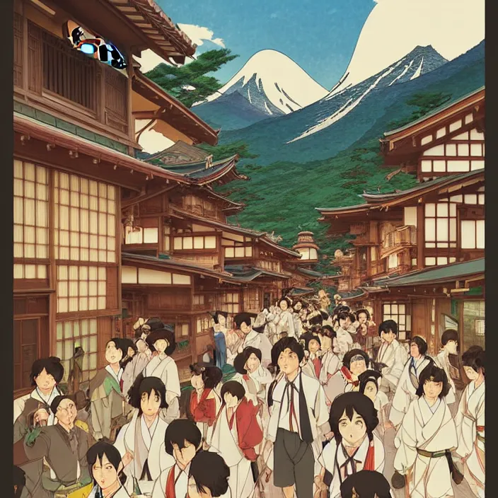 Image similar to japanese mountain town, summer, in the style of studio ghibli, j. c. leyendecker, greg rutkowski, artem