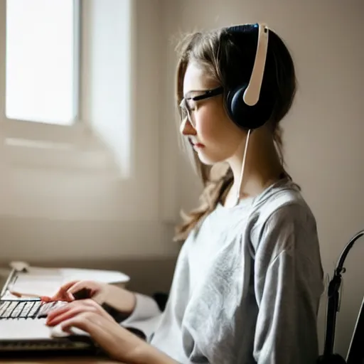 Prompt: girl wearing headphones sits at a desk in her bedroom studying 5 0 mm kodak, beautiful light thorough window in the style of lofi hiphop on youtube