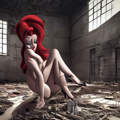 Image similar to Jessica rabbit in an abandoned building, realistic, hyper detail, very detailed, cinematic, ultra details, futuristic, photorealistic, bikini, dark, insanely detailed, revealing,