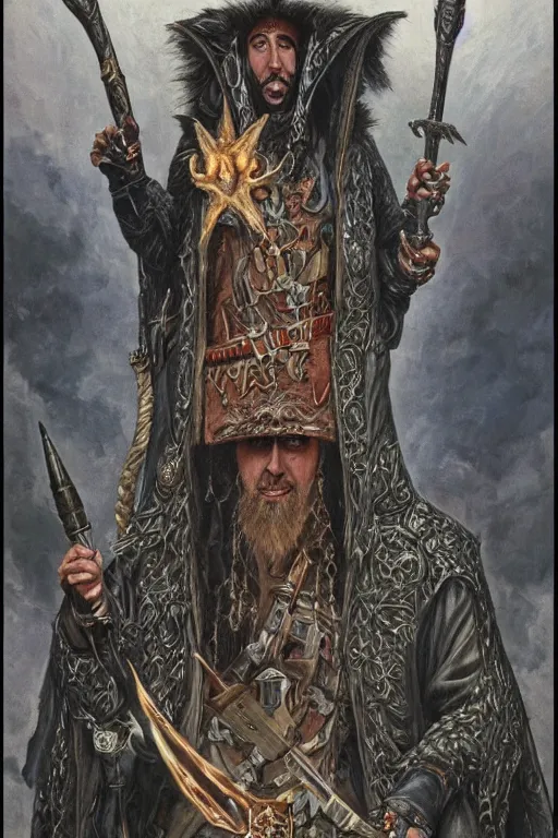 Image similar to Nicolas Cage as wizard, fantasy, intricate, highly detailed, illustration by ken kelly