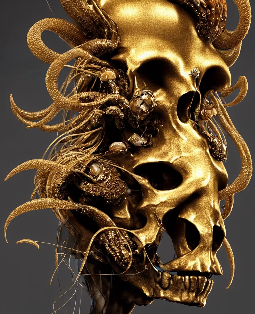 Image similar to black background. goddess princess face close-up portrait ram skull. sculpture made of gold and brilliants. jellyfish phoenix head, nautilus, orchid, skull, betta fish, bioluminiscent creatures, intricate artwork by Tooth Wu and wlop and beeple. octane render, trending on artstation, greg rutkowski very coherent symmetrical artwork. cinematic, hyper realism, high detail, octane render, 8k