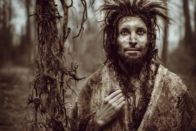 Prompt: character and environment photography, portrait shamanistic infested 3 0 - year - old male druid, messy hair, old tattered robe, medium shot, wide angle, 2 0 0 px, full front, natural light