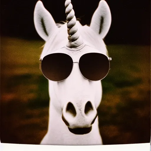 Image similar to grainy head to shoulder portrait polaroid film photograph of a unicorn in a national state park wearing aviator shades. super resolution. surreal. extremely detailed. polaroid 6 0 0 film. by annie leibovitz and richard avedon