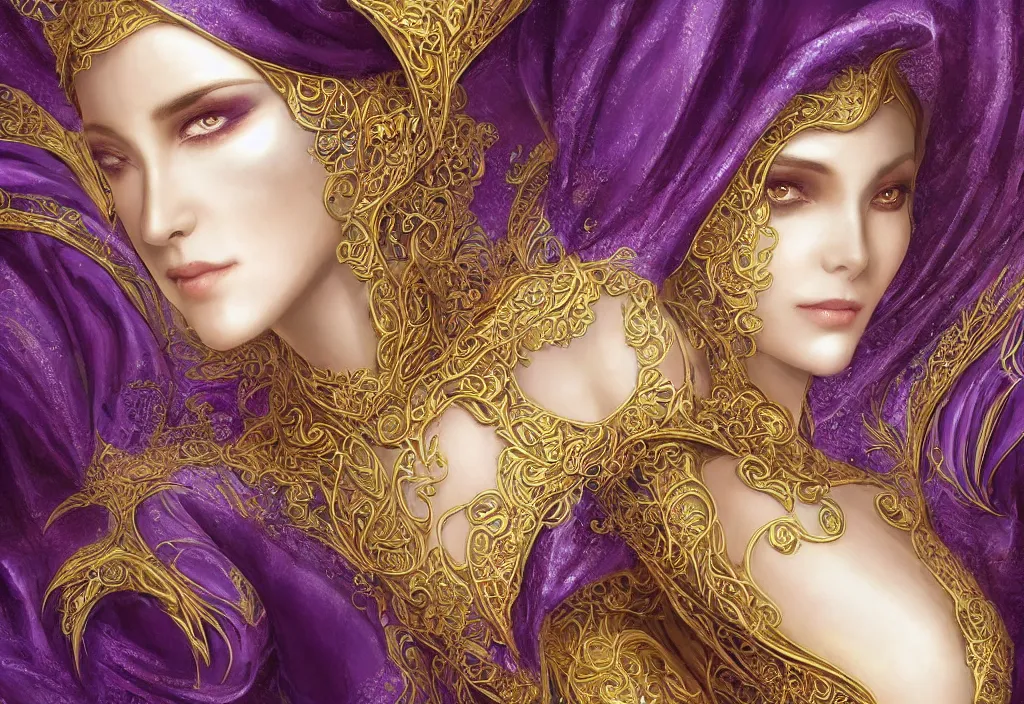 Image similar to a beautiful woman wearing a white niqab made of silk with golden jewelry and diamonds by alex gray and android jones, ornate purple background, karol bak, ayami kojima, arabian, concept art, fantasy,