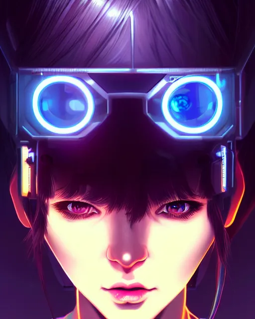Image similar to a comic potrait of a cyberpunk cyborg girl with big and cute eyes, fine - face, realistic shaded perfect face, fine details. night setting. very anime style. realistic shaded lighting poster by ilya kuvshinov katsuhiro, unreal engine, global illumination, radiant light, detailed and intricate environment
