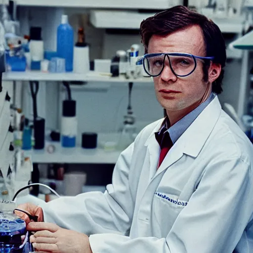 Prompt: a scientist in a lab coat at his desk in his laboratory surrounded by chemicals and ailments, 4 k, vintage, 1 9 9 0 s, artistic, beautiful, ominous