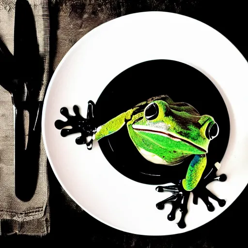 Image similar to frog hovering over a plate with black milk, polaroid photography in style of andrey tarkovski, paranormal, spiritual, mystical, sublime