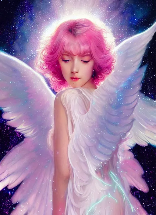 Prompt: closeup harmony of pink haired angel beautiful yoongi wearing white sparkly shiny greek clothes, muted colors, nebula background, neon sparkles everywhere, big wings, dynamic hair movement, + + + + + + dynamic pose, holographic space, glowing effect, j. c leyendecker, by alan lee, wlop! illustrated by starember, fantasy art by craig mullins