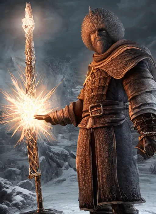 Image similar to portrait cleric bob ross in darksouls universe in anor londo, studio lights, 8 k hd.