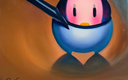 Prompt: Kirby threatening with a knife, oil painting on canvas, detailed, soft lighting