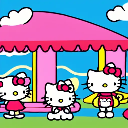 Image similar to airbrush of hello kitty and sanrio characters playing outside at a playground on a sunny day