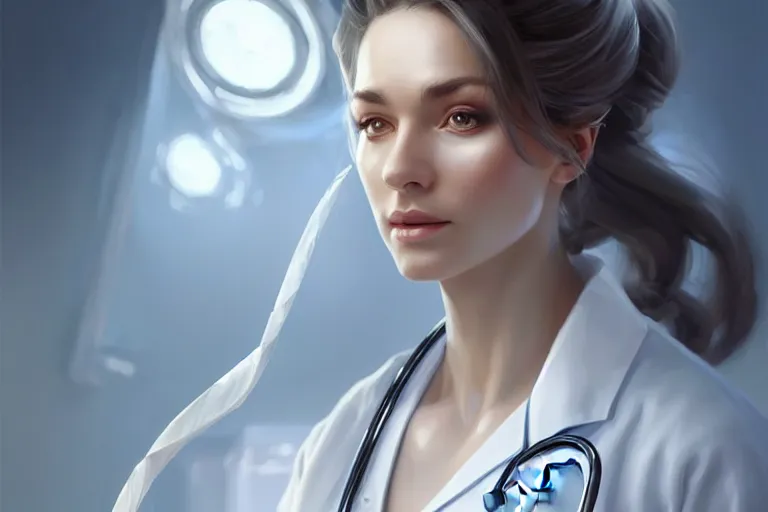 Prompt: an elegant and beautiful female doctor in a white coat in a ward, cinematic, highly detailed, digital painting, artstation, concept art, matte, sharp focus, illustration, art by artgerm and greg rutkowski