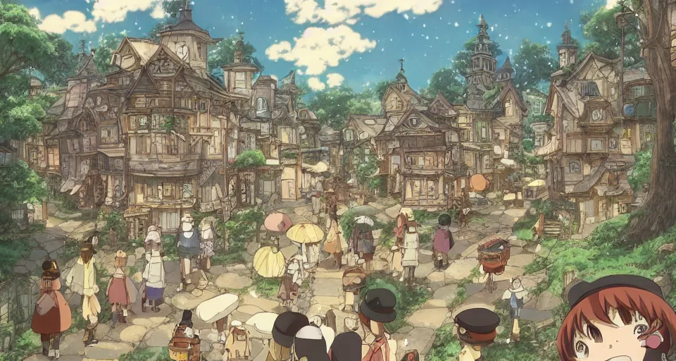 Prompt: Anime visual of a cozy steampunk village in a magical forest; cheerful and peaceful mood; illustrated by Hayao Miyazaki; anime production by Studio Ghibli; high quality; visually stunning; majestic; fall; official media