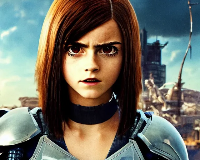 Image similar to a film still from battle angel alita played by actress emma watson, futuristic, cinematic lighting, photorealistic, lifelike, highly detailed, photorealistic, high resolution