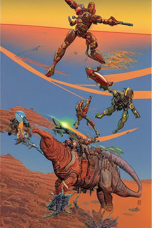 Image similar to beautiful amazons riding dinosaurs on mars against a backdrop of canyons, mercury rainbows in the sky and space fighters shooting, artwork by jean giraud