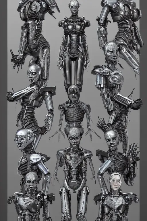 Image similar to cyborg queen with gunmetal grey skin, medical anatomy, very symmetrical face, highly detailed, mecha, three - perspective / three - view reference sheet ( front / back / side ), in the style of james gurney, dan ouellette, hr giger, sil from species, dren from splice, biomechanical, artstation, unreal engine