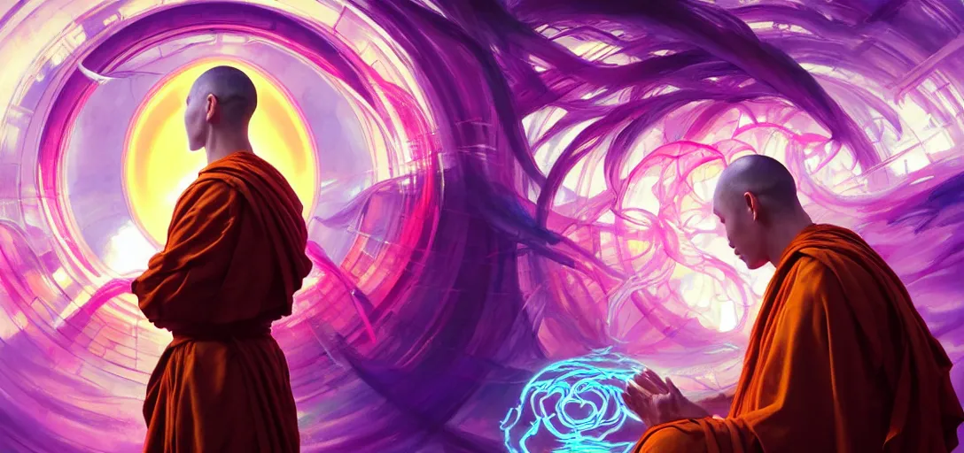 Prompt: a floating monk praying, channeling swirling energy, wearing netrunner clothing, vaporwave aesthetic, colorful, psychedelic, digital painting, artstation, concept art, smooth, sharp focus, illustration, art by artgerm and greg rutkowski and alphonse mucha