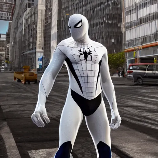 Image similar to white spider - man suit with black web lining, cinematic, volumetric lighting, realistic, hyperdetailed, photorealistic, photograph