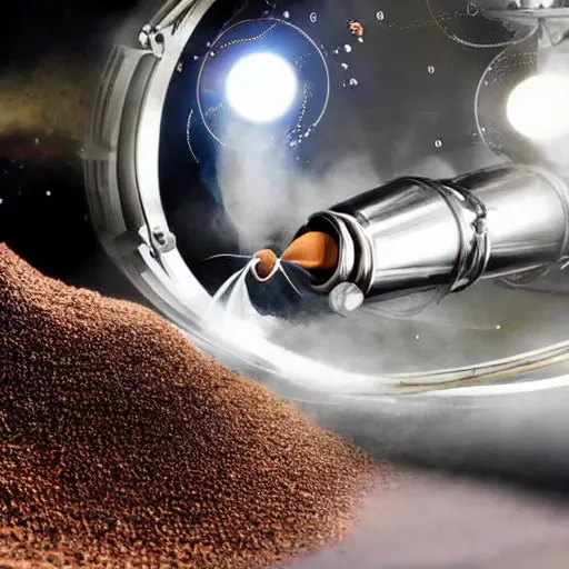 Prompt: coffee roaster machine flying through space