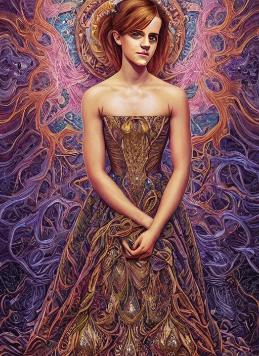 Image similar to beautiful oil painting, full length portrait of Emma Watson in baroque coronation robes 1701, Dan Mumford, Dan Mumford, Alex grey, highly detailed , lsd visuals, dmt fractal patterns, hallucinogen, visionary art, psychedelic art, ornate, vaporwave, baroque, Greg rutkowski