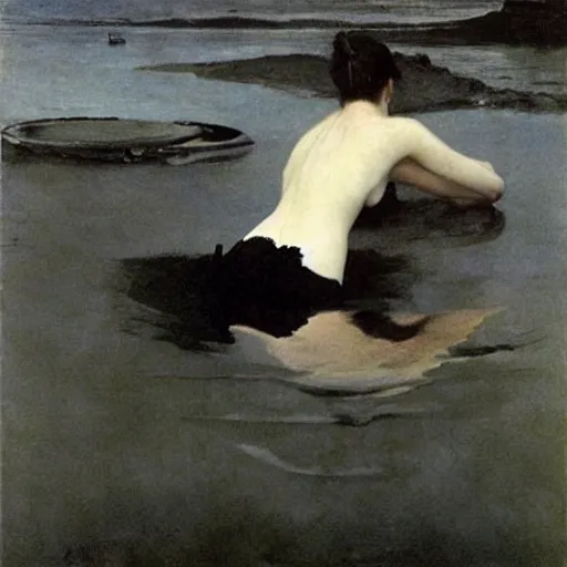 Image similar to black swans all mixed together in the dark waters. immersive perspective, interesting composition. concept art. highly detailed. by andrew wyeth, john dollman and william bouguereau-W 1024