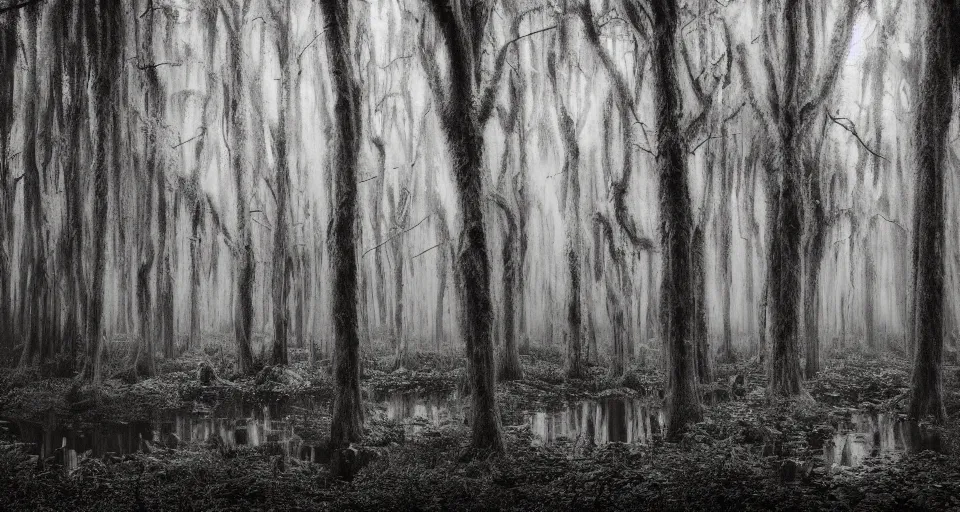 Image similar to A dense and dark enchanted forest with a swamp, by 500px