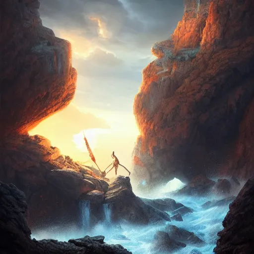 Image similar to Hercules clashing Perseus next to a cliff, artwork by Stefan Kopinski and Guillem H. Pongiluppi, photo realistic, atmospheric lighting, HDR, high detail