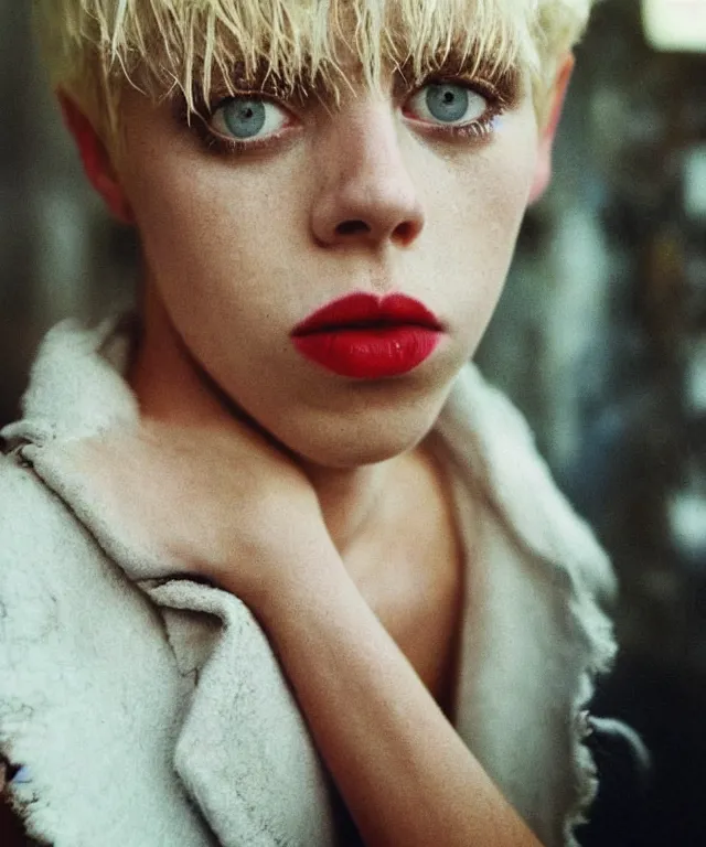 Image similar to a color photograph of edie campbell, bleached blonde short hair, by nan goldin, intense, bold, hyperrealistic, ultra sharp, extra details, ultra high quality, trending on pinteresst