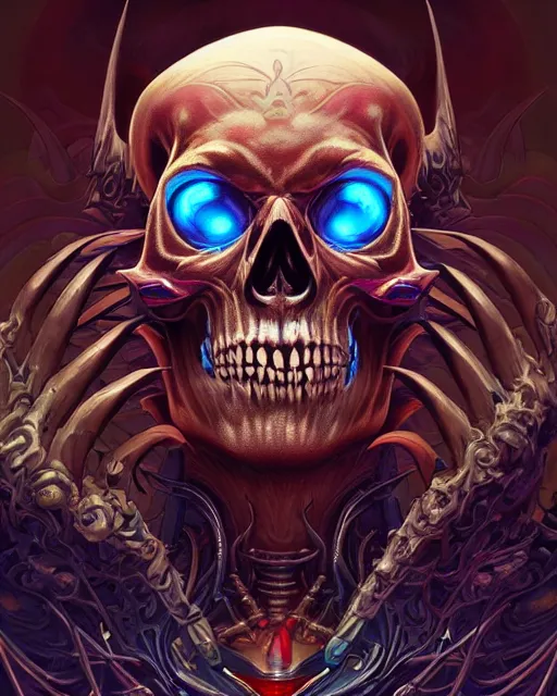 Prompt: a stunning portrait of the demonic cyborg deity, (((skull))), digital art by Dan Mumford and Peter Mohrbacher and Ross Tran, intricate detail, trending on artstationhq
