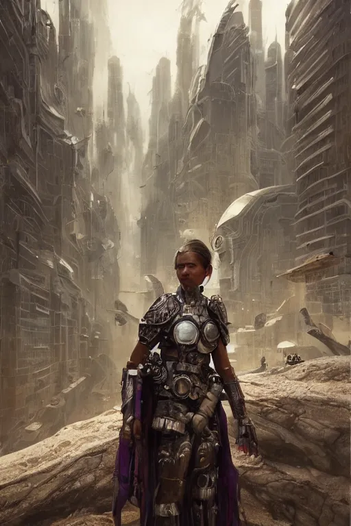 Image similar to a portrait of a small tribal women with sci-fi armour standing in the foreground of a mechanical city by Greg Rutkowski, Sung Choi, Mitchell Mohrhauser, Maciej Kuciara, Johnson Ting, Maxim Verehin, Peter Konig, final fantasy , mythical, 8k photorealistic, cinematic lighting, HD, high details, atmospheric,