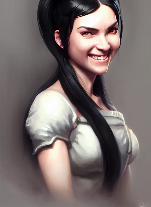 Image similar to a _ fantasy _ style _ portrait _ painting _ of woman, ponytail black hair, smile, round face, engineer rpg dnd oil _ painting _ unreal _ 5 _ daz. _ rpg _ portrait _ extremely _ detailed _ artgerm _ greg _ rutkowski _ greg